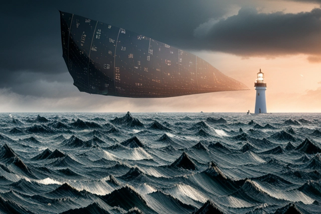 An image showcasing a metaphorical representation of the cryptocurrency market as a vast sea filled with numbers and codes, through which an individual is navigating on a small boat. The stormy weather and choppy waves signify the market's complexity and challenges. Amidst this, a distant lighthouse stands firm, symbolizing the guidance and security that a knowledgeable tax professional can provide in this turbulent world of cryptocurrency taxes and compliance.
