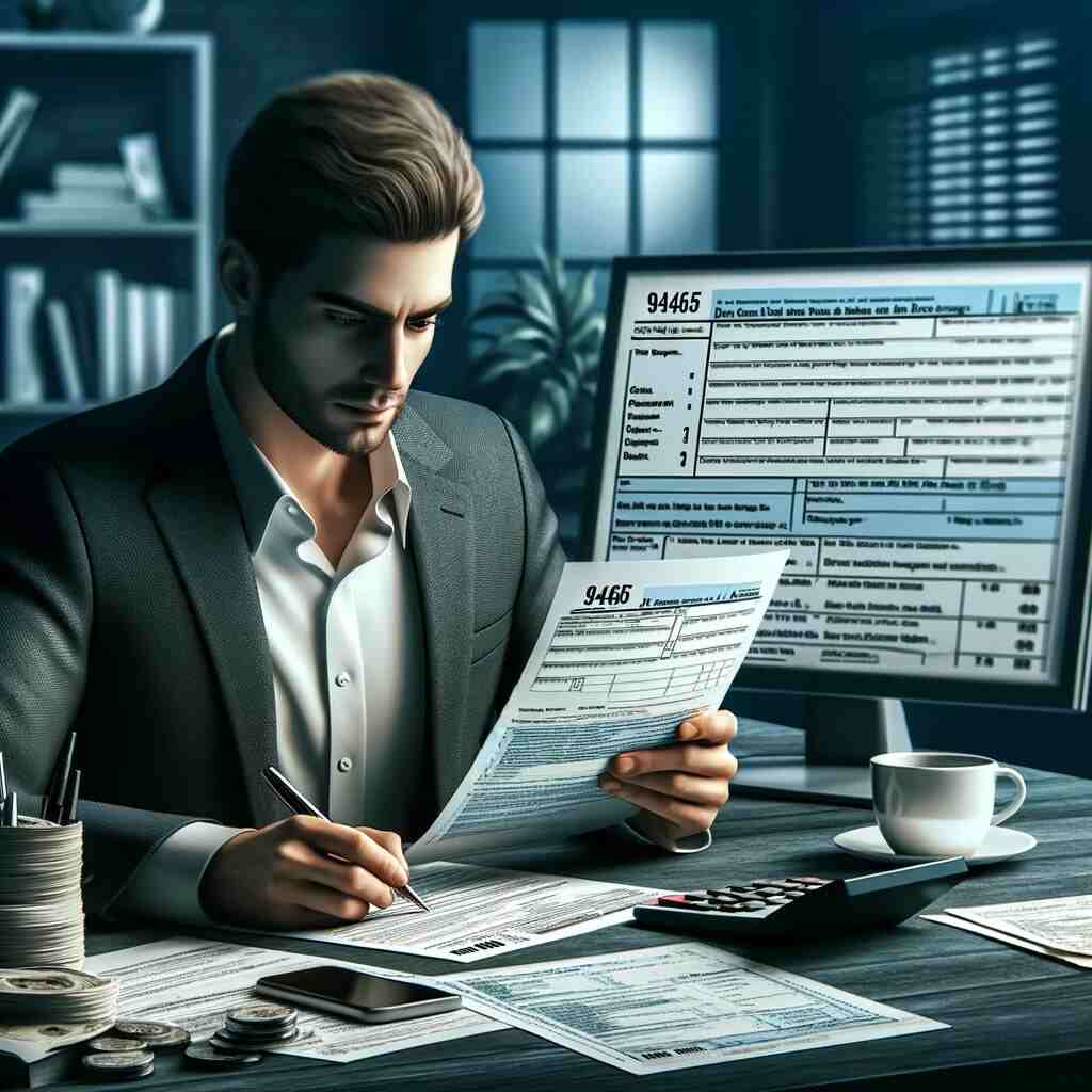 A realistic image showing a taxpayer sitting at a desk, filling out Form 9465 for managing tax payments. The taxpayer is focused on the form, which is displayed prominently in the image. Next to the taxpayer, there's a calculator, a pen, and tax-related documents like W-2 forms and tax notices. In the background, there's a computer screen showing tax payment options and a calendar indicating important deadlines.