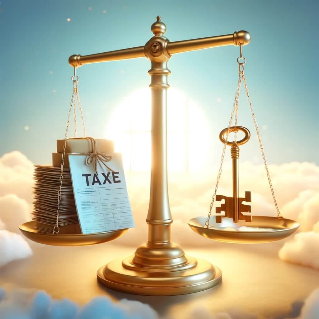 The image includes a golden scale of justice, tax documents, and a key labeled "Forgiveness", set against a serene blue sky.