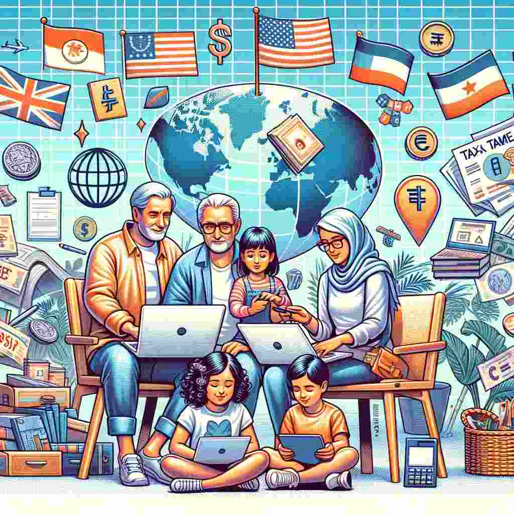 User An illustration depicting an expat family living in the US, consisting of parents and children from diverse backgrounds. The family is engaged in various activities such as working on laptops, studying, and enjoying leisure time together. In the background, there are symbols representing tax considerations for expats, such as international flags, currency symbols, tax forms, and a globe, highlighting the global nature of expat tax issues.