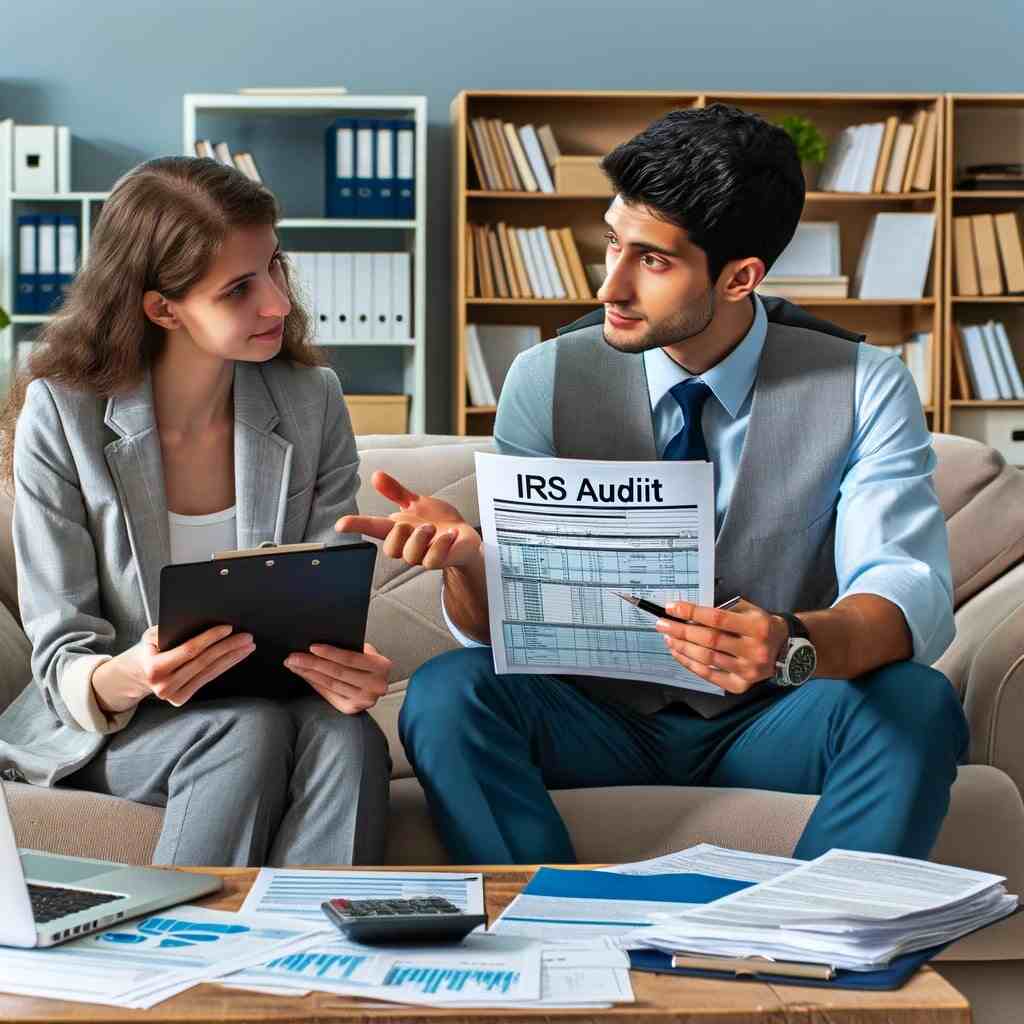 A professional tax advisor or accountant sitting on a couch, engaged in a discussion with a client about missing income records during an IRS audit. The advisor is holding IRS audit forms and explaining strategies for addressing missing records, while the client is reviewing financial documents and statements. The desk is organized with tax-related paperwork, a laptop displaying IRS audit guidelines, and a bookshelf with legal and financial books, indicating expertise and preparation for handling audits.