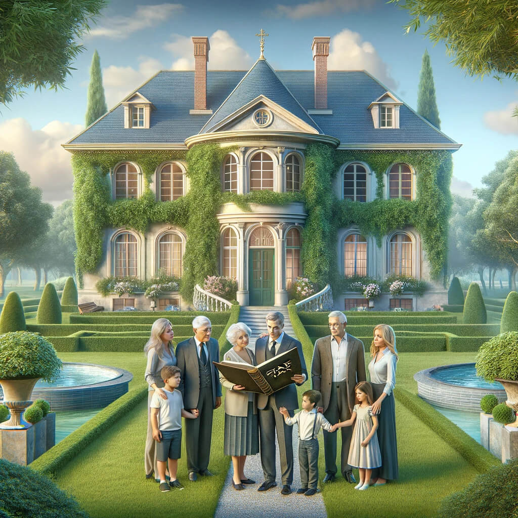 A serene and elegant estate or mansion surrounded by lush green gardens and trees, symbolizing wealth and legacy. In the foreground, there's a family gathered together, including grandparents, parents, and children, representing generations. They are looking at a large book or document titled "Estate Tax Considerations," signifying their proactive approach to protecting their legacy.