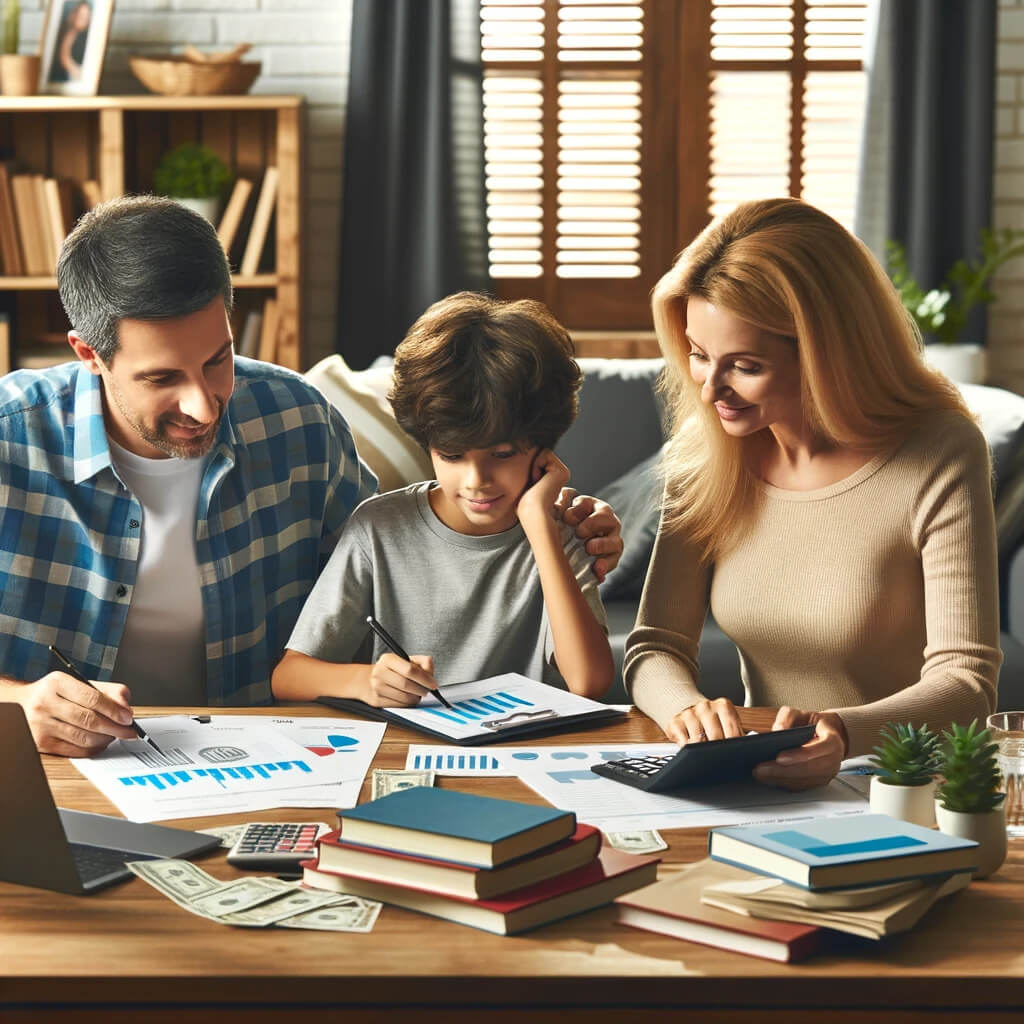 A family consisting of parents and a student, gathered around a table at home. The parents are helping the student with financial planning and budgeting, with papers, a laptop showing educational expenses, and a calculator on the table. The background features a cozy living room setting with a bookshelf filled with financial and educational books, symbolizing a supportive environment for financial discussions.