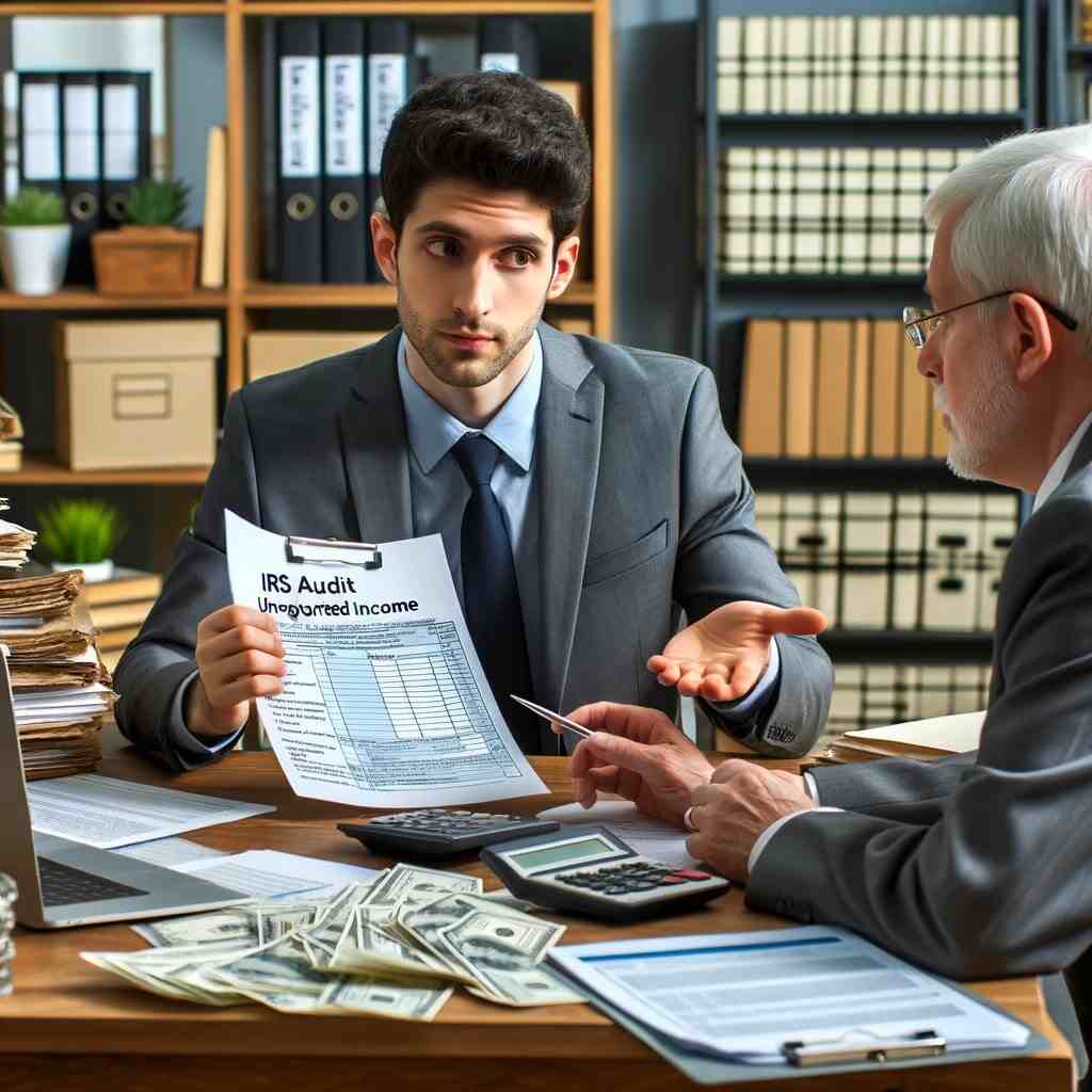 A professional tax advisor or lawyer sitting at a desk, engaged in a discussion with a client about an IRS audit related to unreported income. The advisor is holding IRS audit forms and explaining the audit process, while the client is reviewing financial documents and receipts. The desk is organized with tax-related paperwork, a laptop displaying IRS audit guidelines, and a bookshelf with legal books, indicating expertise and preparation for handling audits related to unreported income.