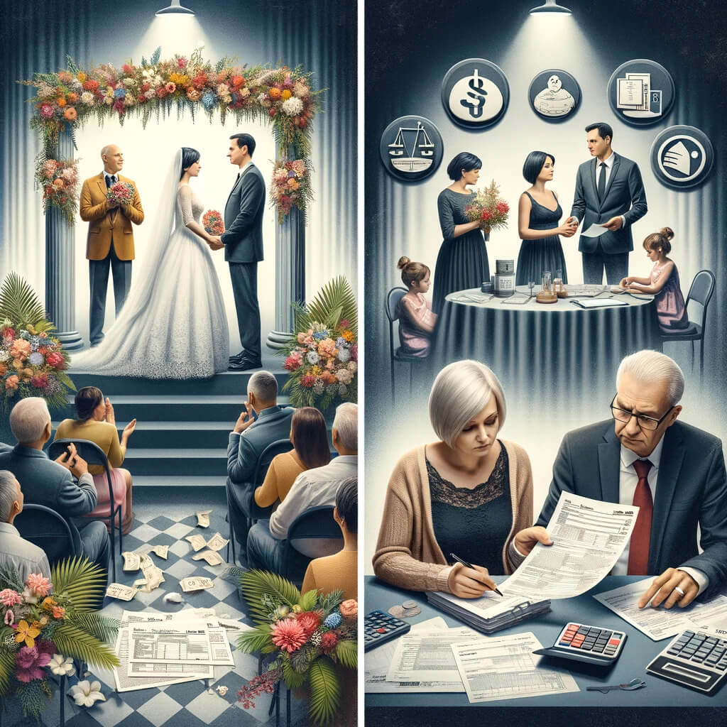 a two separate scenes side by side. On the left, a wedding ceremony with a happy couple exchanging vows, surrounded by family and friends, symbolizing marriage. On the right, a couple sitting at a table with serious expressions, going through paperwork and discussing financial matters, symbolizing divorce. Above each scene, there are icons representing tax-related elements like tax forms, calculators, and dollar signs.