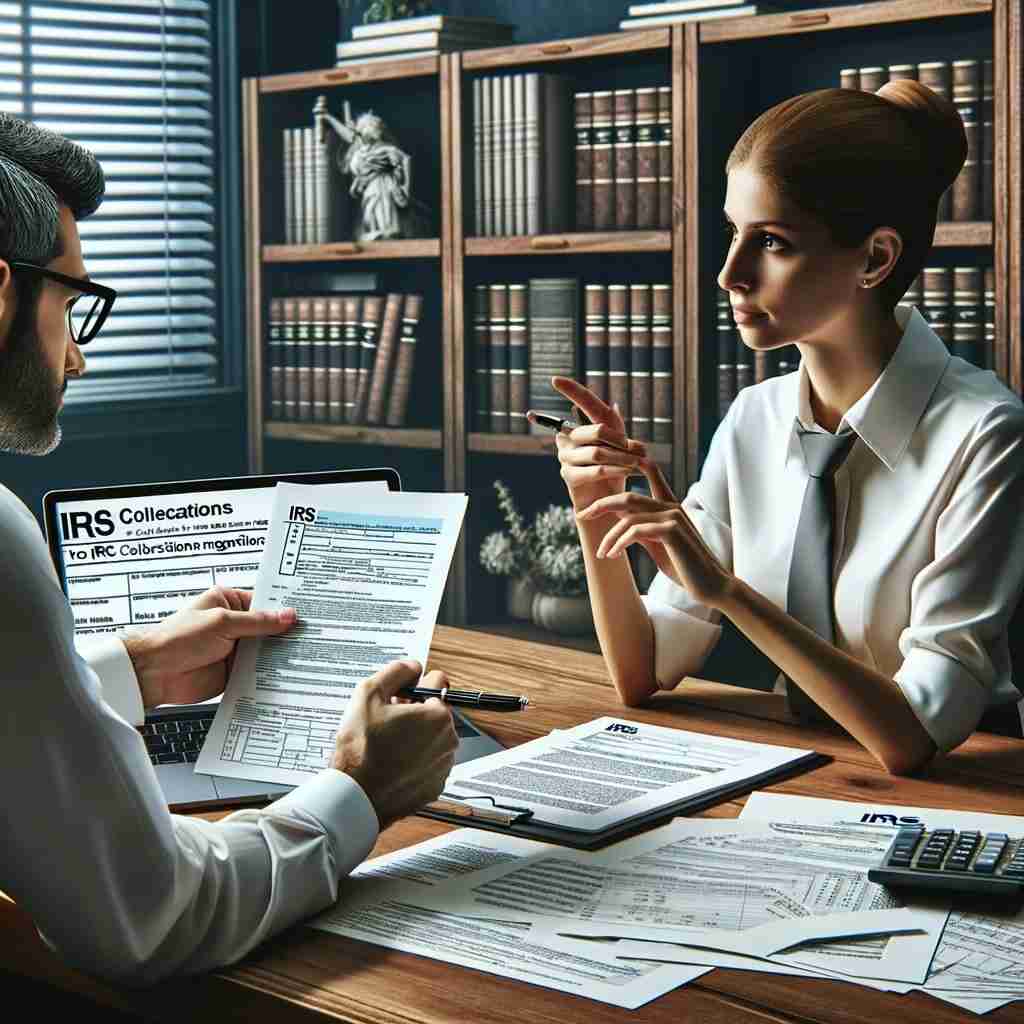A realistic image depicting a professional tax advisor or accountant sitting at a desk, engaged in a discussion with a client about IRS collections and negotiations. The advisor is holding IRS collection forms and explaining negotiation strategies, while the client is reviewing financial documents and IRS notices. The desk is organized with tax-related paperwork, a laptop displaying IRS guidelines, and a bookshelf with legal and financial books, indicating expertise and preparation for IRS collections negotiations.
