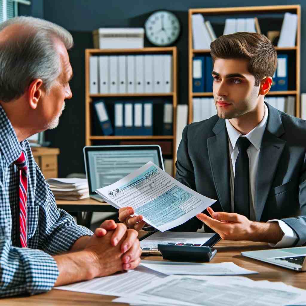 A professional tax advisor or lawyer sitting at a desk, engaged in a discussion with a client about the IRS appeals process. The advisor is holding IRS appeal forms and explaining the steps involved, while the client is listening attentively. The desk is organized with tax documents, a laptop displaying IRS regulations, and a bookshelf with legal books, emphasizing expertise and preparation for the appeals process.