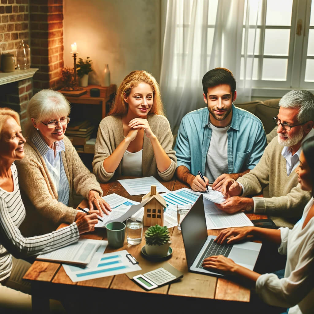 A diverse group of people, including a young couple, a middle-aged man, and a senior woman, discussing tax deductions and financial strategies around a table in a cozy living room.