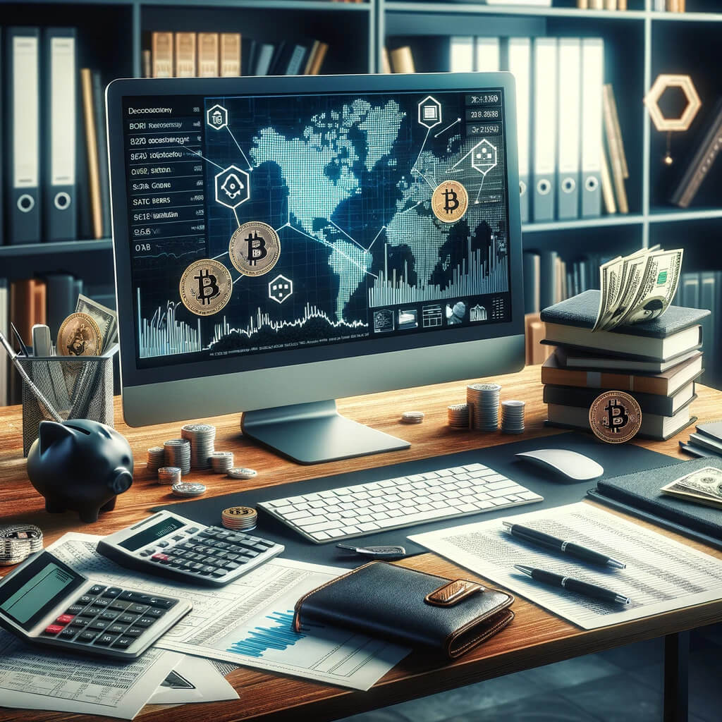 A modern home office setup, showcasing a computer with cryptocurrency charts, tax forms, physical wallets, a ledger, and a calculator, with a background of financial and blockchain-related books.