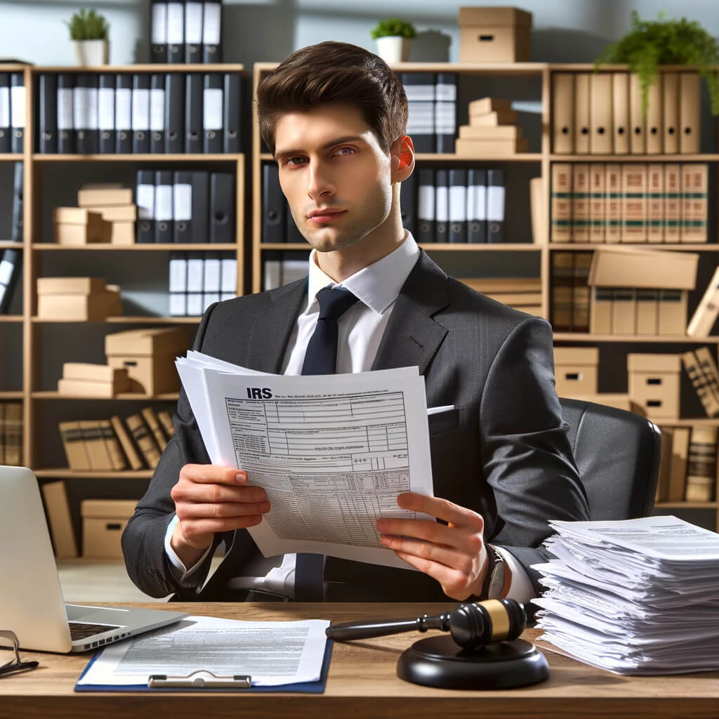 A professional and composed individual sitting confidently at a desk, surrounded by IRS audit-related documents, a laptop showing tax forms, and a legal bookshelf in the background. The person is reviewing paperwork with a focused expression, symbolizing preparedness and understanding of their rights during an IRS audit.