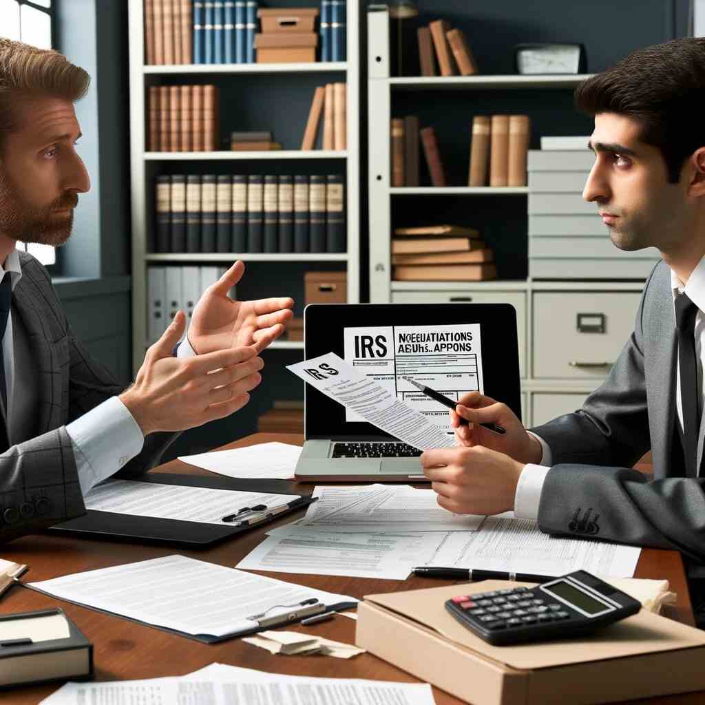 A professional tax advisor or lawyer sitting at a desk, engaged in a discussion with a client about IRS negotiations and appeals. The advisor is holding IRS forms and legal documents, while the client is reviewing financial statements and IRS notices. The desk is organized with tax-related paperwork, a laptop displaying IRS regulations, and a bookshelf with legal books, indicating expertise and preparation for handling IRS negotiations and appeals.