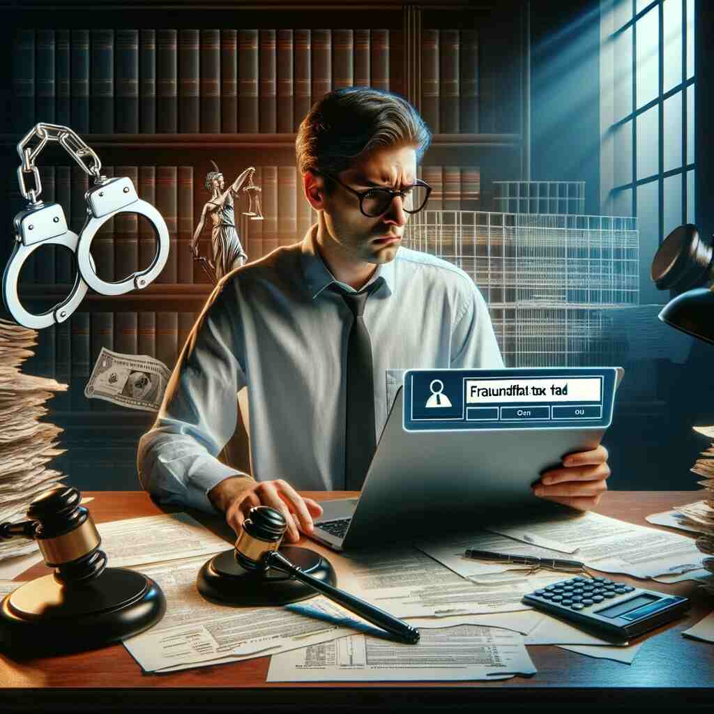 A realistic image showing a serious and concerned individual sitting at a desk with tax-related documents scattered around. The person is looking at a laptop screen displaying an error message related to fraudulent tax filing. In the background, there are symbols representing legal consequences, such as gavel, handcuffs, and court documents, highlighting the seriousness of fraudulent tax actions.