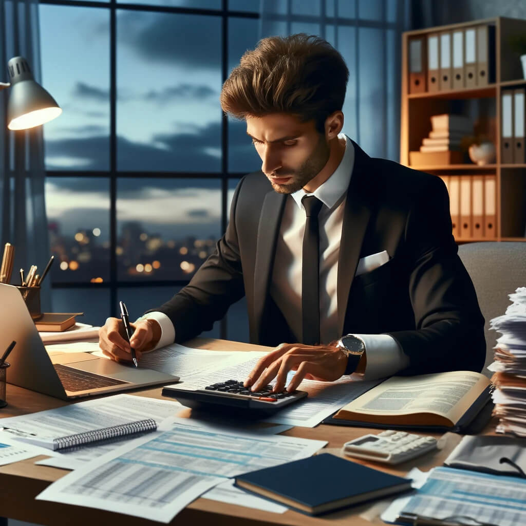 A professional accountant sitting at a desk, surrounded by tax forms, a calculator, and a laptop. The accountant is focused and engaged, highlighting the seriousness of year-end tax planning. The background is a warm, inviting office space with shelves of financial books and a large window with a view of a city skyline at dusk, symbolizing the deadline approaching.